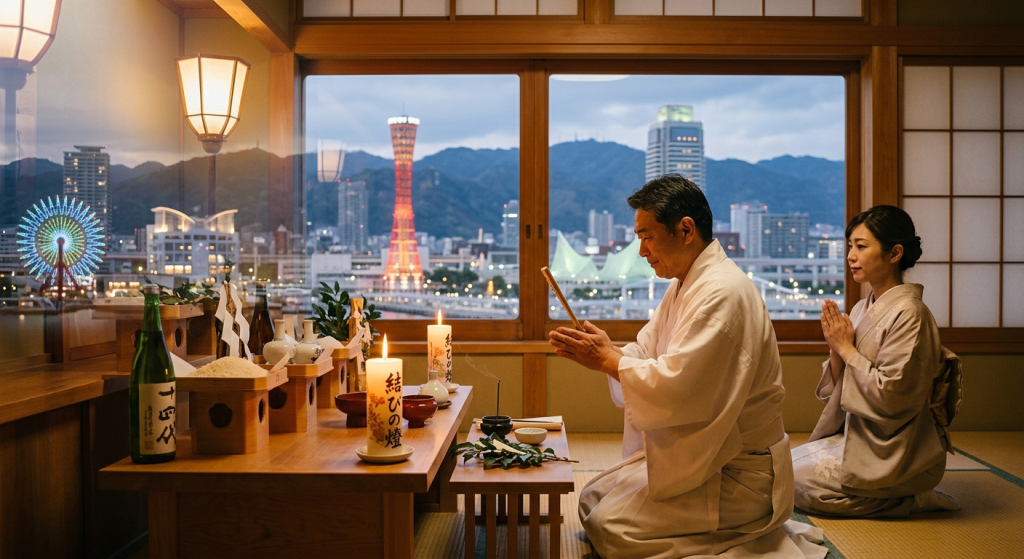結びの燈の神聖な祈祷の様子と、背景に神戸市の街並み（ポートタワーや六甲山など）
